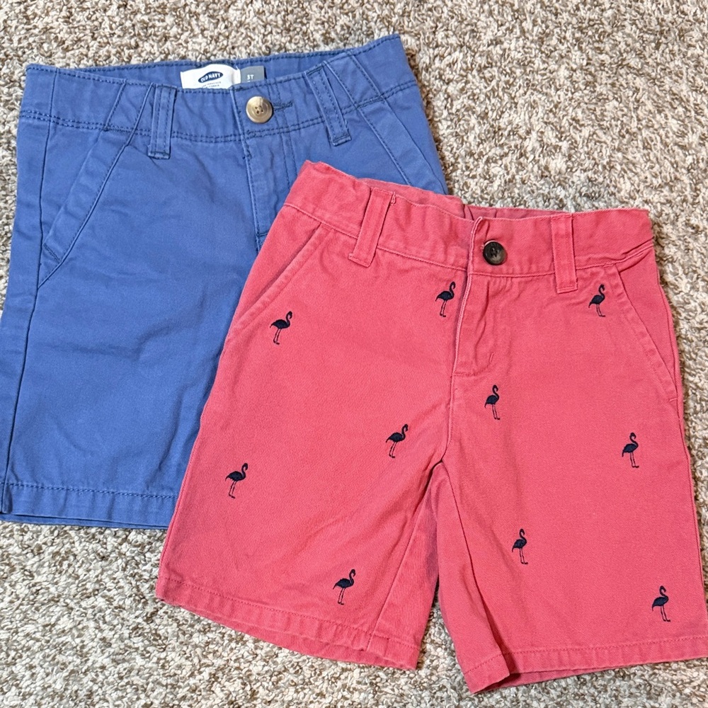 Toddler Cotton Pull-On Shorts Bundle - Blue and Coral with Flamingo. Size 3T